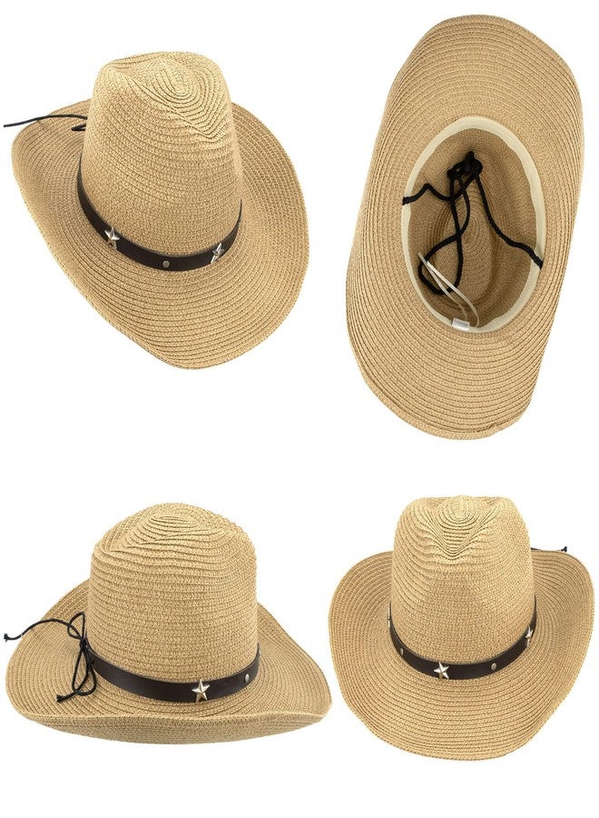 Vikodah Women Straw Sun Hat Wide Brim Western Cowboy Cowgirls Style UV-Protection Beach Hat with Wind Lanyard Khaki - Image 4